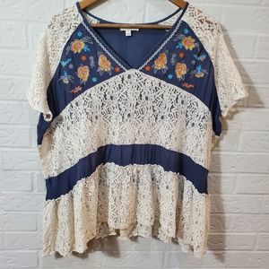 Umgee Embroidered Floral Lace Short Sleeve Blouse